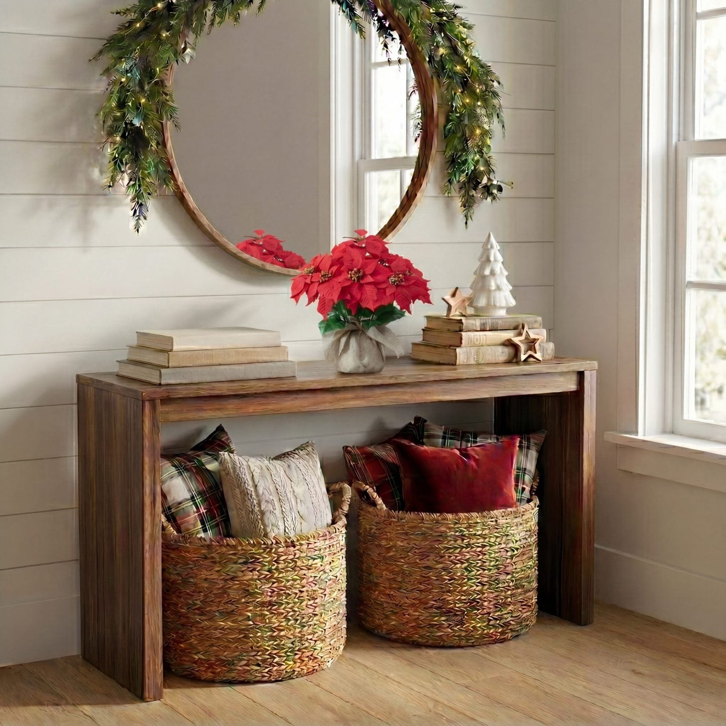 16-inch artificial poinsettia arrangement in burlap planter, red blooms, Nearly Natural on Tampa Home & Garden Store