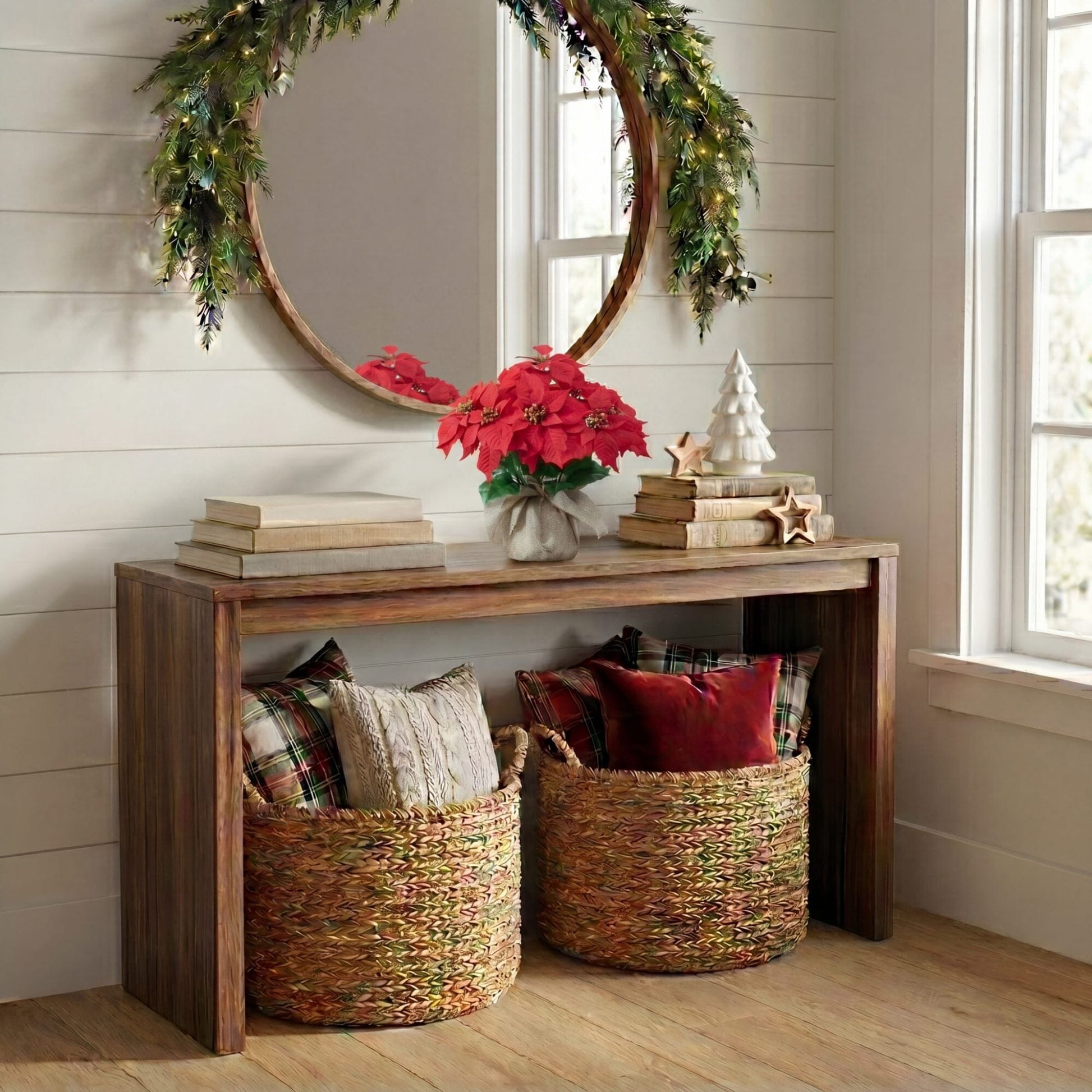 16-inch artificial poinsettia arrangement in burlap planter, red blooms, Nearly Natural on Tampa Home & Garden Store