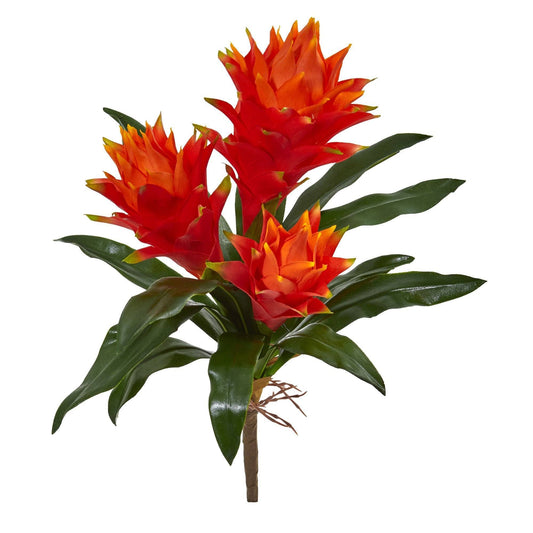 16in Nearly Natural triple bromeliad artificial stem with orange-red blooms and dark green leaves on Tampa Home & Garden Store