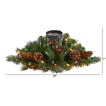 Candelabro navideño artificial de pino, flocado y brillante, de 16" con 35 luces multicolores y piñas
