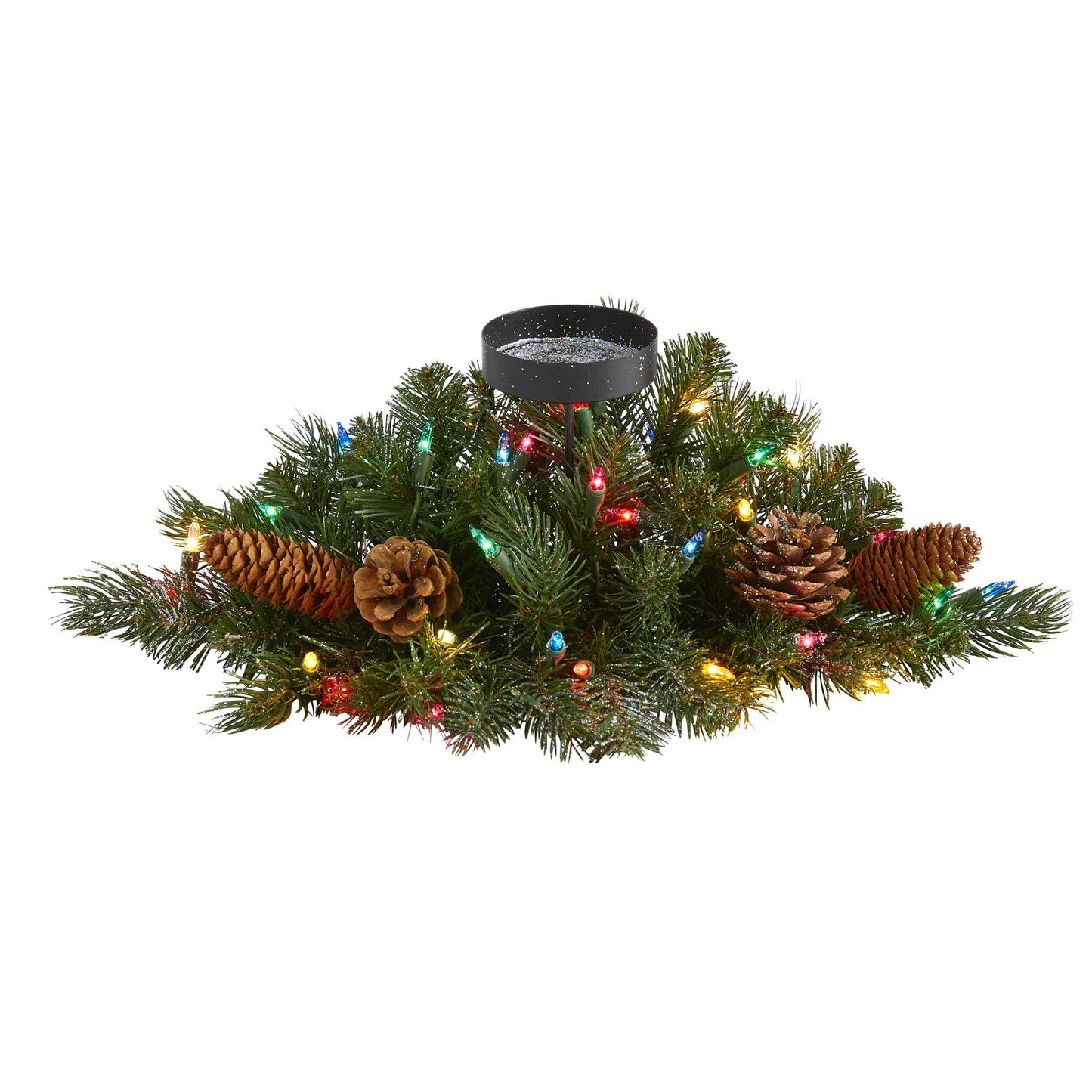 Candelabro navideño artificial de pino, flocado y brillante, de 16" con 35 luces multicolores y piñas