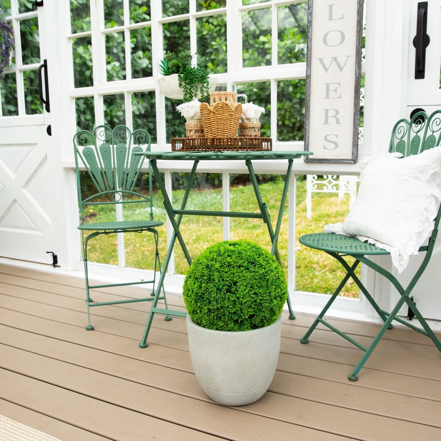 Nearly Natural 16in Mediterranean Cypress topiary plant in gray pot on porch on Tampa Home & Garden Store