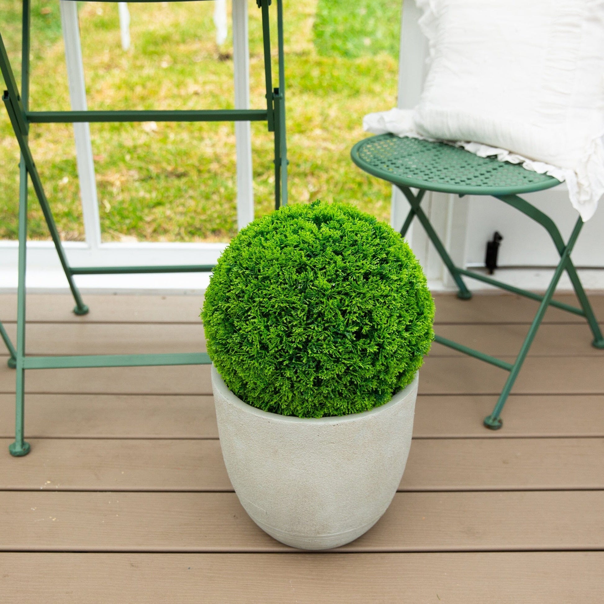 Artificial Mediterranean Cypress Topiary Plant, 16in UV resistant, Nearly Natural, gray planter on Tampa Home & Garden Store