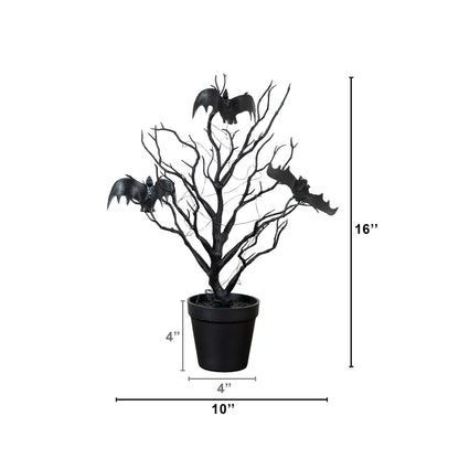 Tree Nearly Natural 16in black spooky twig with bats, 20 orange & purple LED lights in pot on Tampa Home & Garden Store