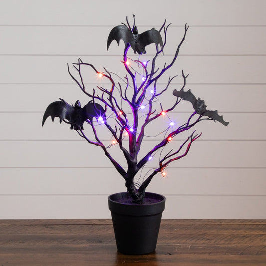 16-inch pre-lit black spooky twig tree with a bat and 20 orange & purple LEDs by Nearly Natural on Tampa Home & Garden Store