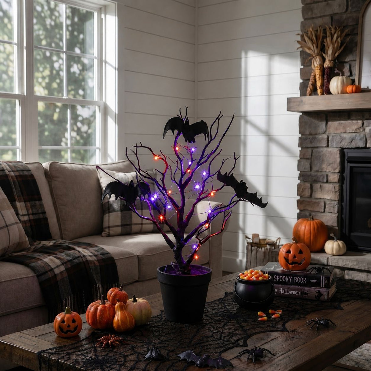 Nearly Natural 16in Black Spooky Twig Tree with Bats and 20 orange & purple LED lights on Tampa Home & Garden Store