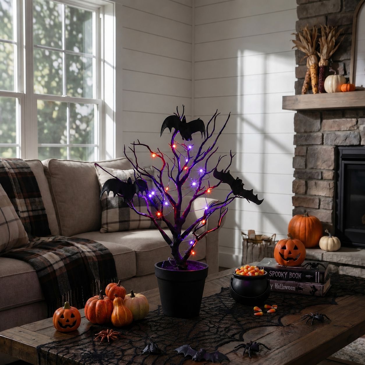 Nearly Natural 16in Black Spooky Twig Tree with Bats and 20 orange & purple LED lights on Tampa Home & Garden Store