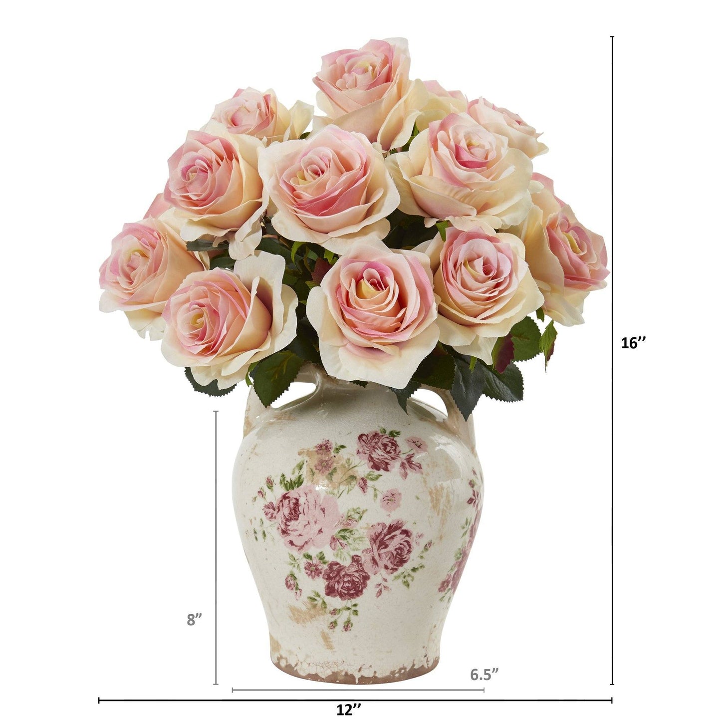 Arreglo de rosas artificiales de 16" en frasco con estampado floral