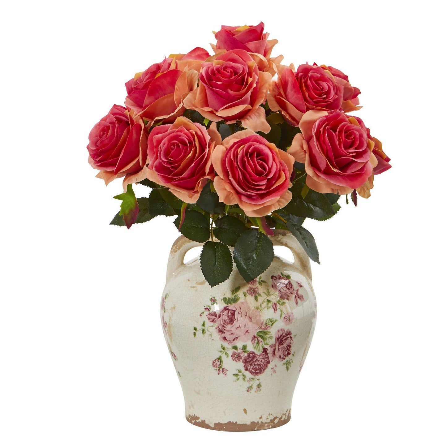 Arreglo de rosas artificiales de 16" en frasco con estampado floral