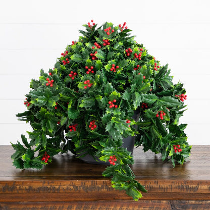Artificial holly berry plant UV resistant Nearly Natural with leaves and red berries in pot on Tampa Home & Garden Store