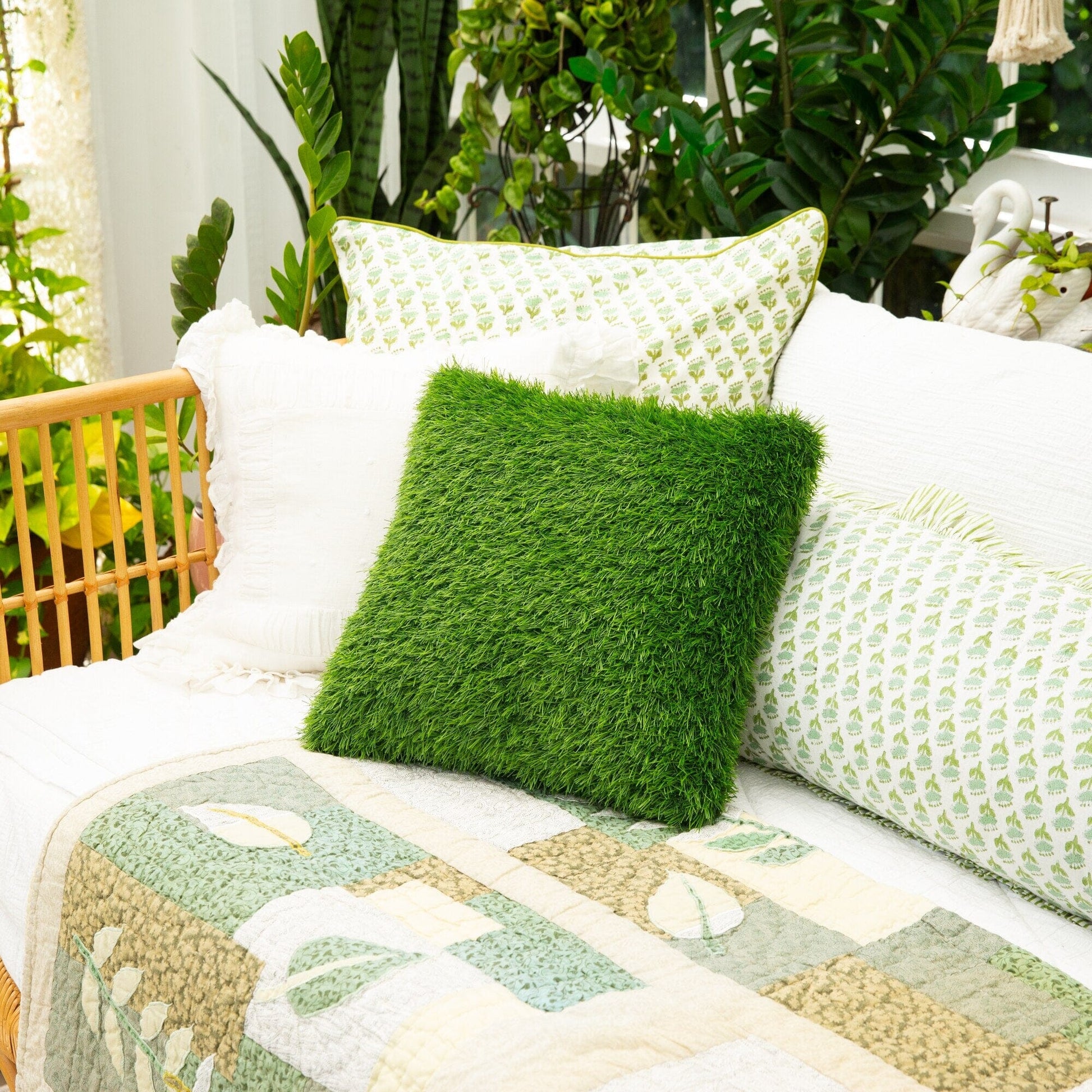 16in UV-resistant artificial grass pillow cushion for indoor/outdoor use by Nearly Natural on Tampa Home & Garden Store