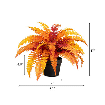 17in Autumn Artificial Fall Boston Fern Plant in black pot with orange-yellow fronds on Tampa Home & Garden Store