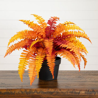 Artificial 17in Autumn Boston Fern plant by Nearly Natural in black pot with orange fronds on Tampa Home & Garden Store