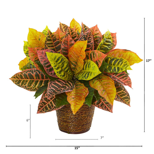 17” Garden Croton Artificial Plant in Basket with Real Touch leaves in yellow/orange/red/green on Tampa Home & Garden Store