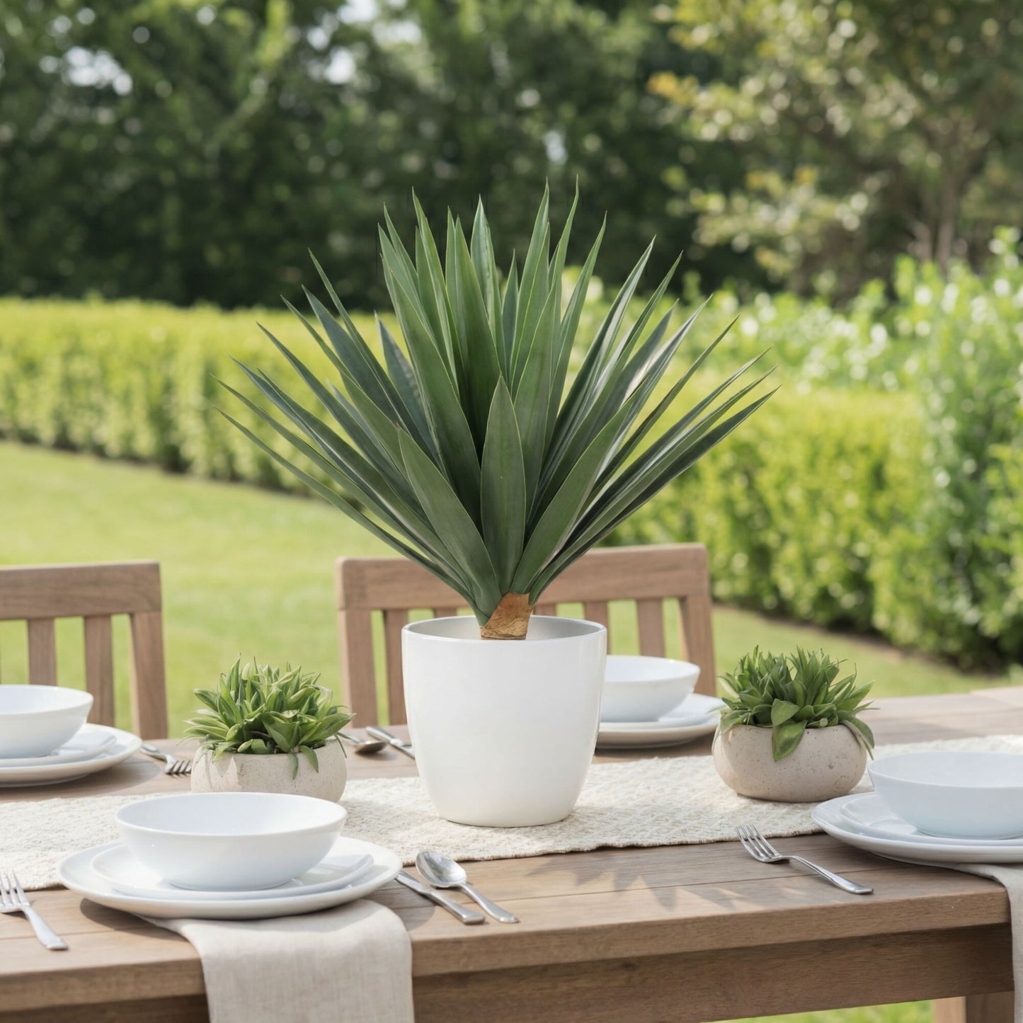 17in UV-resistant artificial agave plant in white planter on outdoor dining table with small succulents on Tampa Home & Garden Store