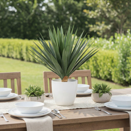 17in UV-resistant artificial agave plant in white planter on outdoor dining table with small succulents on Tampa Home & Garden Store