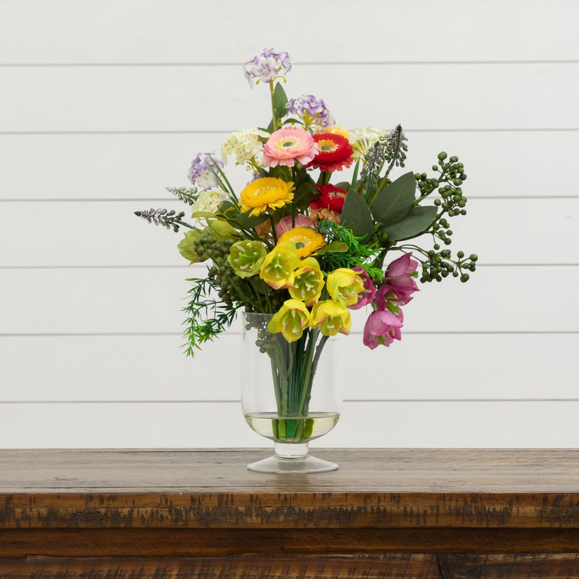 18-inch artificial spring floral arrangement in a glass vase with colorful blooms on Tampa Home & Garden Store
