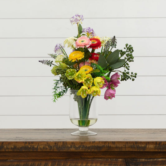 18-inch artificial spring floral arrangement in a glass vase with colorful blooms on Tampa Home & Garden Store