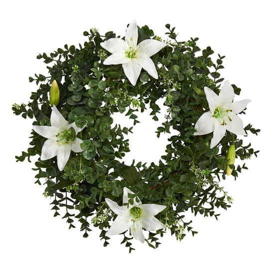 18” Eucalyptus and Lily Double Ring Artificial Wreath with Twig Base - Tampa Home & Garden Store
