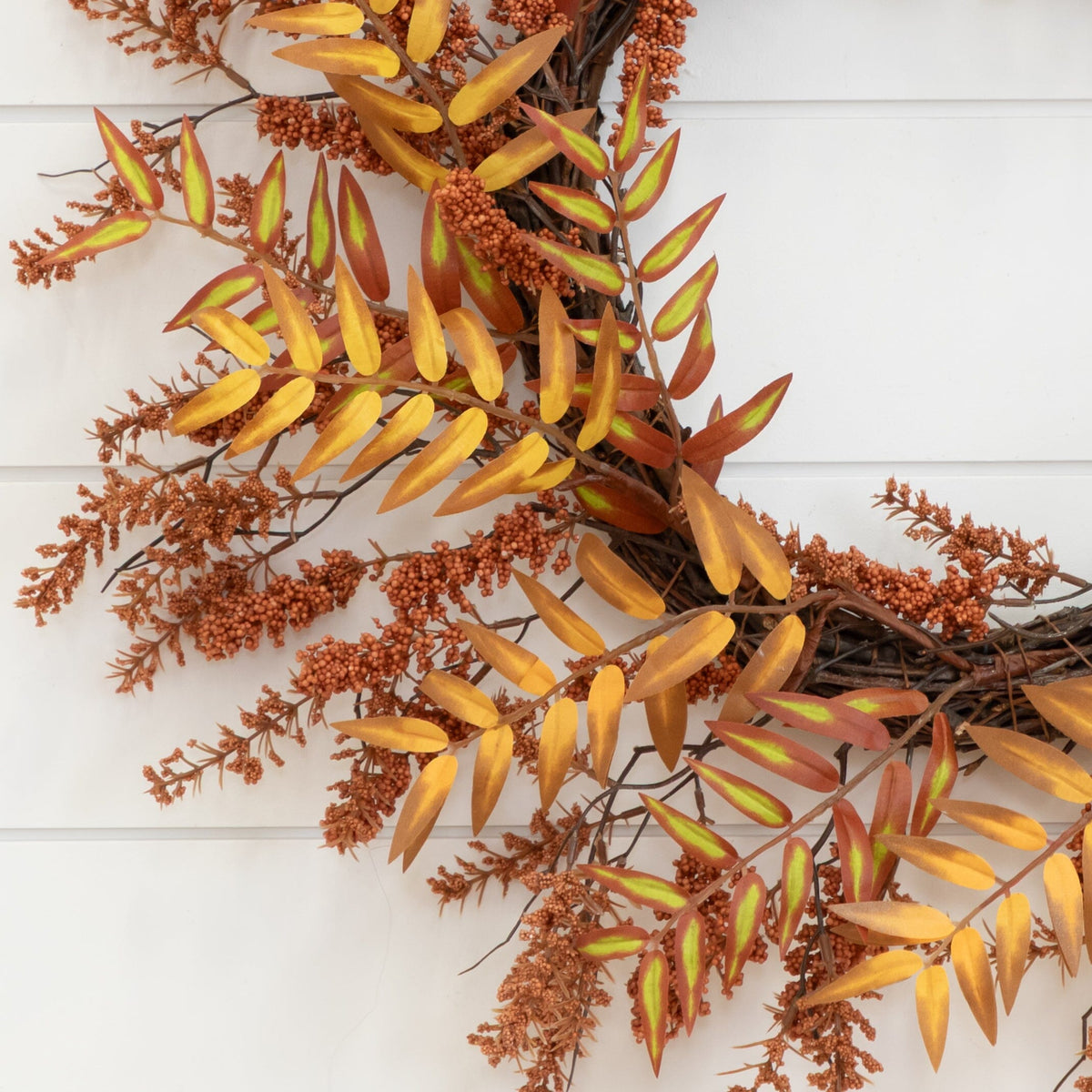 18-inch Harvest Berry Wreath by Nearly Natural with orange leaves and brown berry clusters on Tampa Home & Garden Store