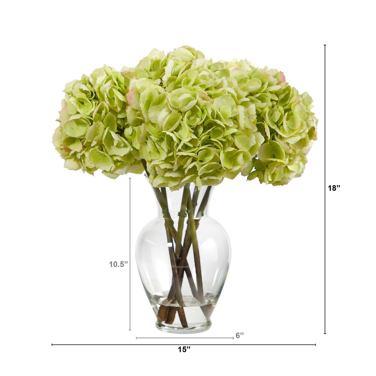 Arrangement artificiel d'hortensias jaunes de 45 cm dans un vase en verre