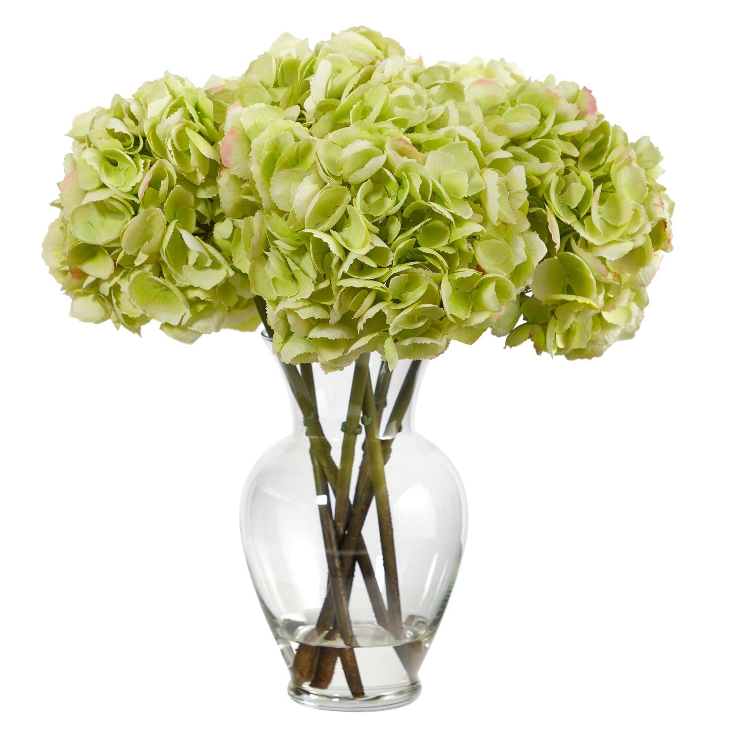 Arrangement artificiel d'hortensias jaunes de 45 cm dans un vase en verre