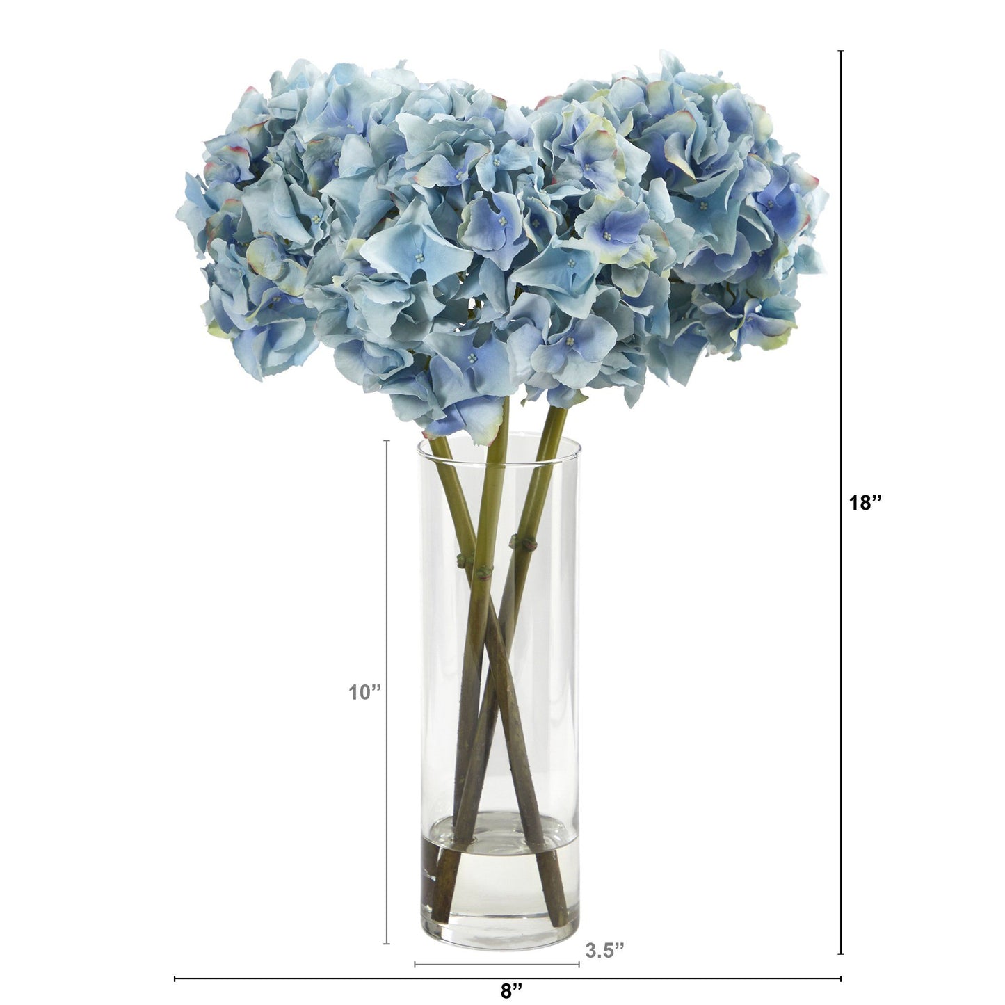 Arreglo floral artificial de hortensias azules de 45 cm en jarrón cilíndrico de vidrio