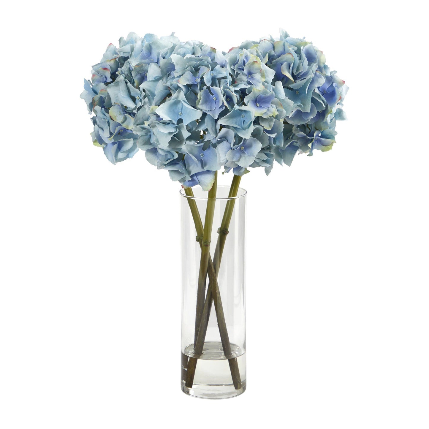 Arreglo floral artificial de hortensias azules de 45 cm en jarrón cilíndrico de vidrio