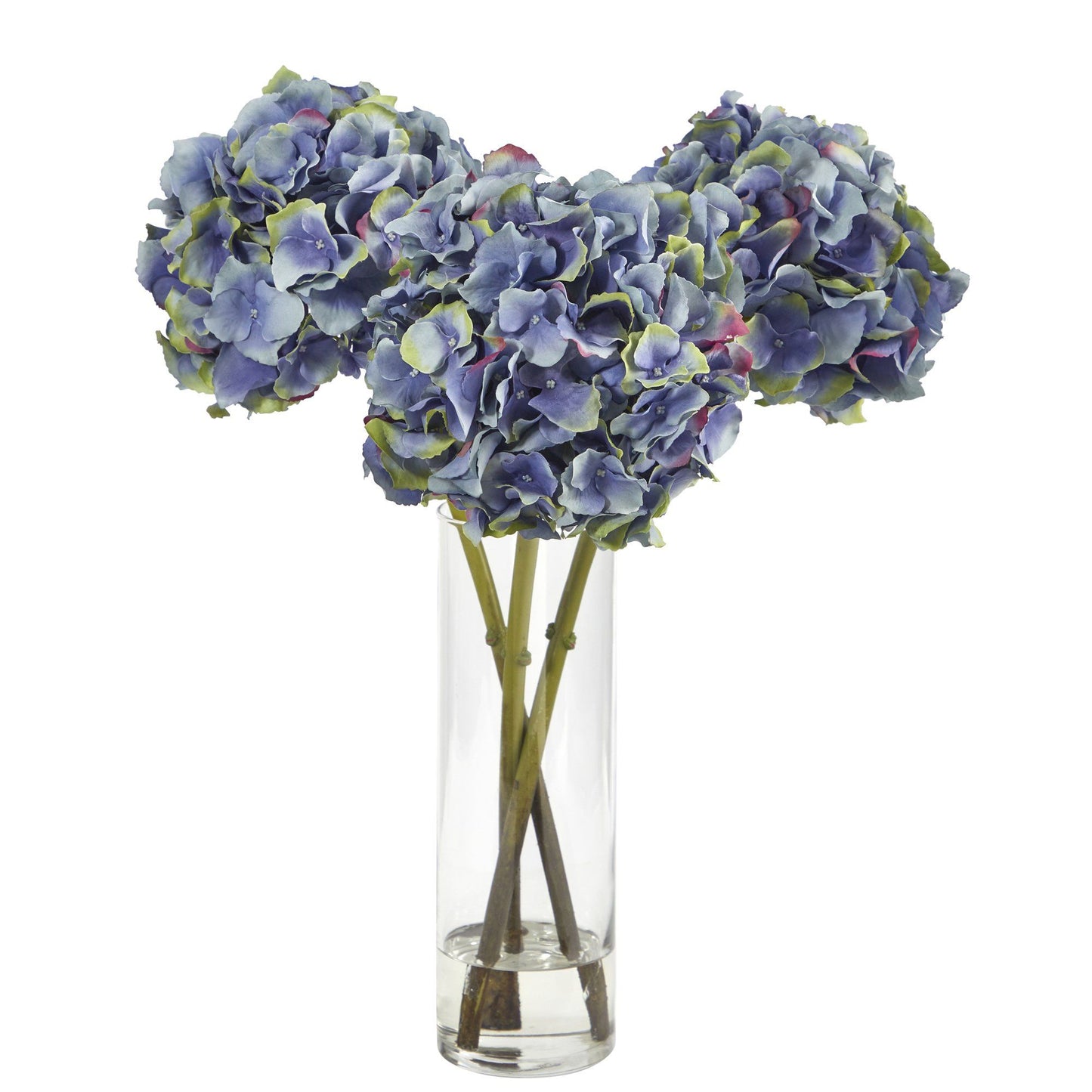 Arreglo floral artificial de hortensias azules de 45 cm en jarrón cilíndrico de vidrio