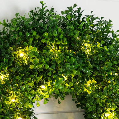 Wreath Nearly Natural 18-inch pre-lit artificial boxwood with 25 warm white LED lights on Tampa Home & Garden Store
