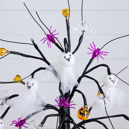 18in pre-lit Halloween ornament tree with white ghost heads, purple spiders, pumpkins on Tampa Home & Garden Store