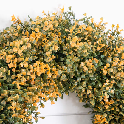 18in artificial autumn boxwood wreath with yellow-green leaves on Tampa Home & Garden Store