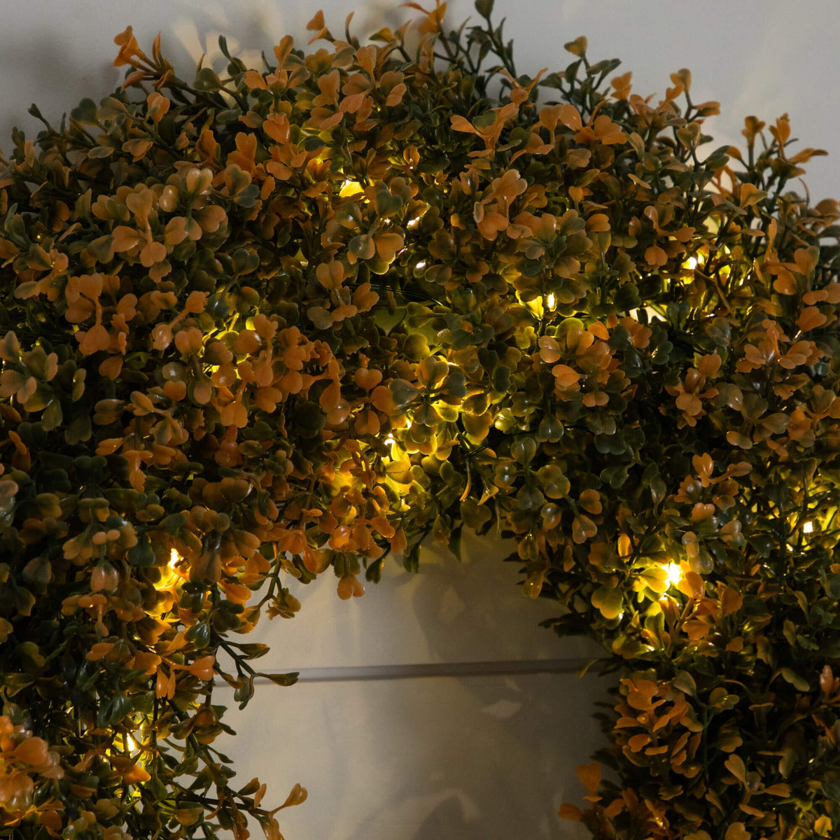 18in Nearly Natural pre-lit autumn boxwood wreath with 25 warm white LED lights on Tampa Home & Garden Store