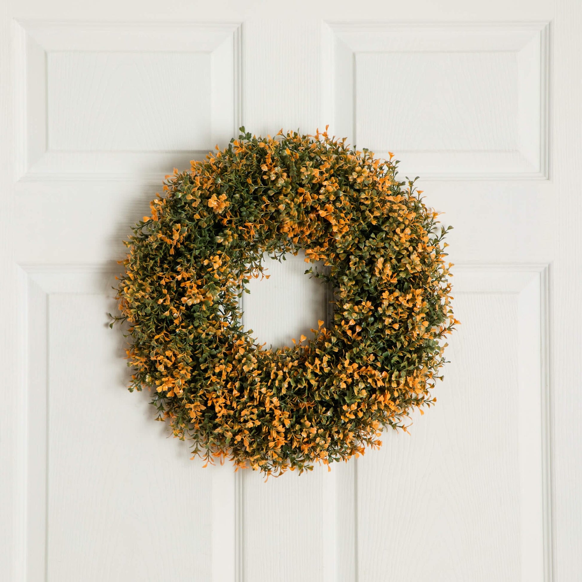 18in pre-lit autumn boxwood wreath by Nearly Natural with 25 warm LEDs, green/orange foliage on Tampa Home & Garden Store