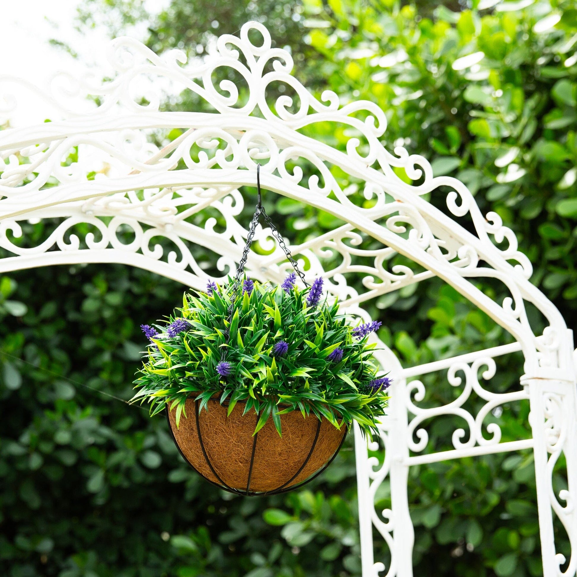 Artificial lavender hanging basket with purple blooms and green foliage, 18in UV resistant on Tampa Home & Garden Store