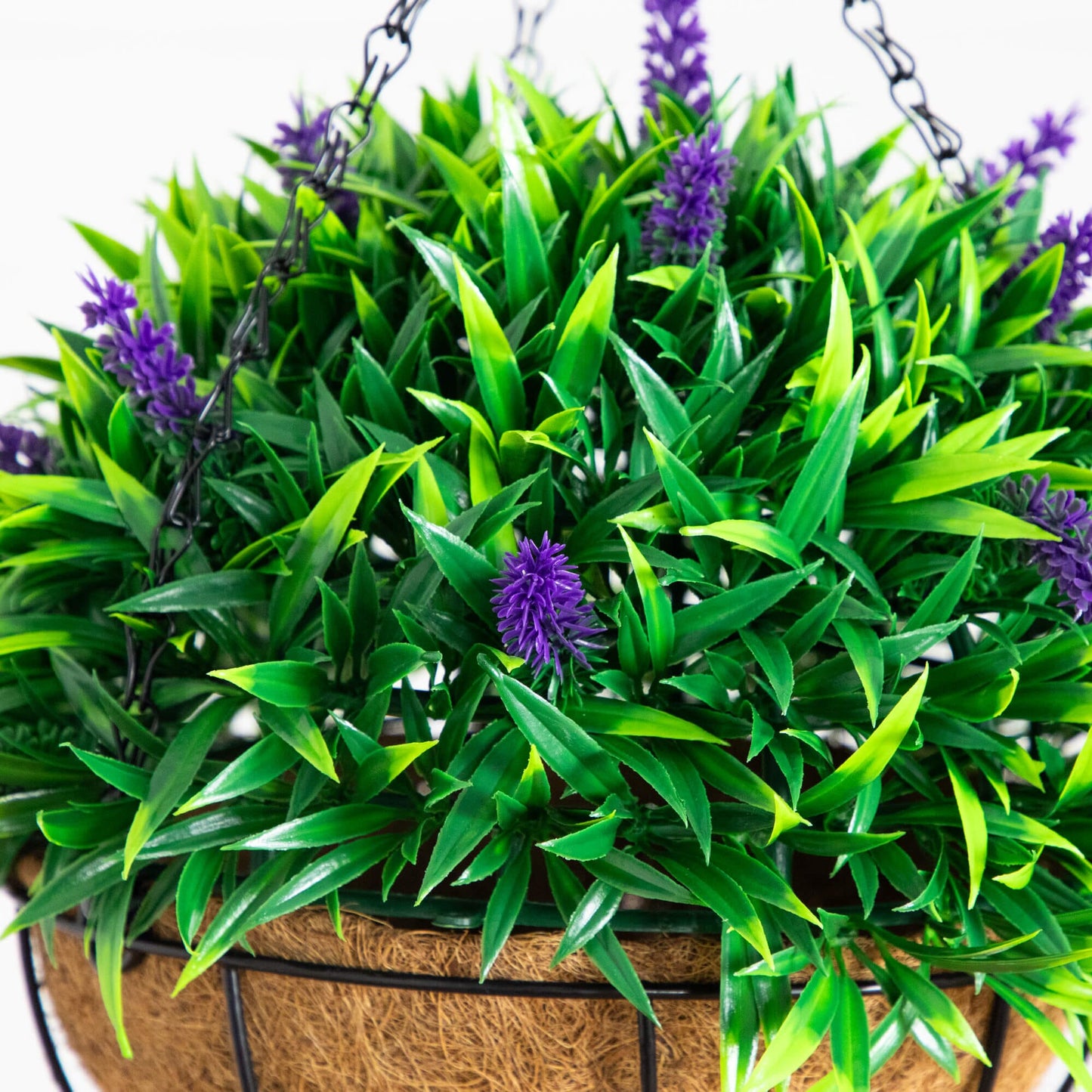 Hanging basket Nearly Natural 18in UV‑resistant artificial lavender with green foliage on Tampa Home & Garden Store