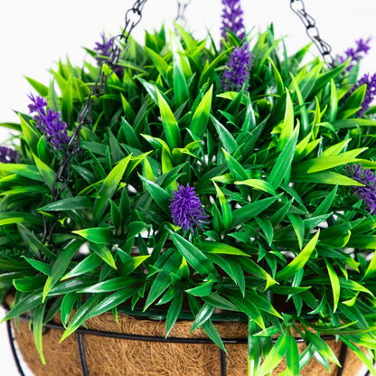 Hanging basket Nearly Natural 18in UV‑resistant artificial lavender with green foliage on Tampa Home & Garden Store