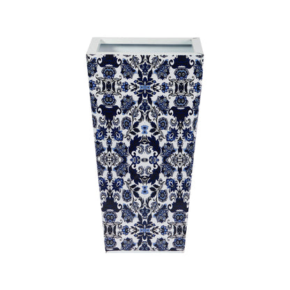 18in Oriental Blue and White Classic Metal Planter by Nearly Natural with navy floral motif on Tampa Home & Garden Store