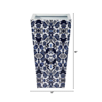 Nearly Natural 18-inch Oriental blue and white metal planter with ornate damask pattern on Tampa Home & Garden Store