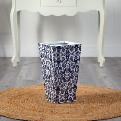 18-inch Oriental Blue and White Classic Metal Planter by Nearly Natural with blue motif on Tampa Home & Garden Store