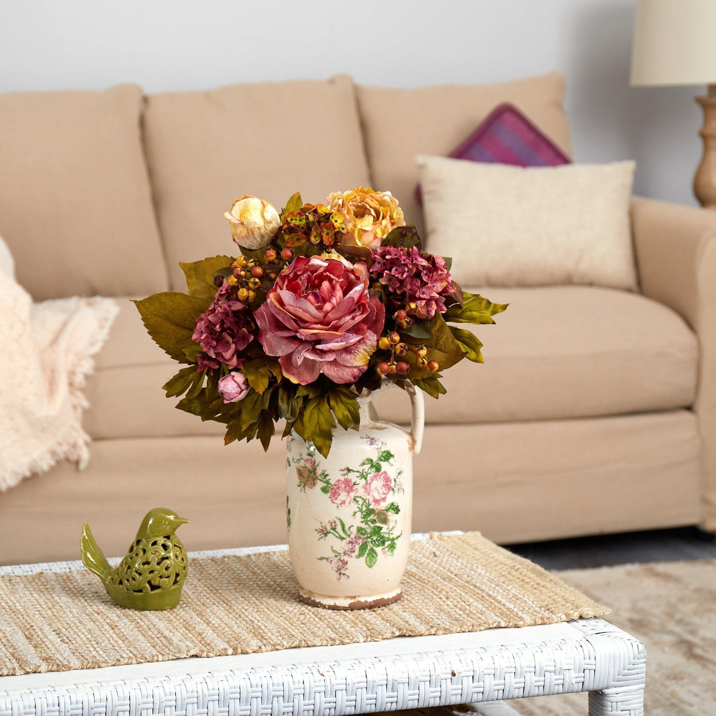 Nearly Natural 18in Peony Arrangement in Floral Pitcher with pink blooms and green leaves on Tampa Home & Garden Store