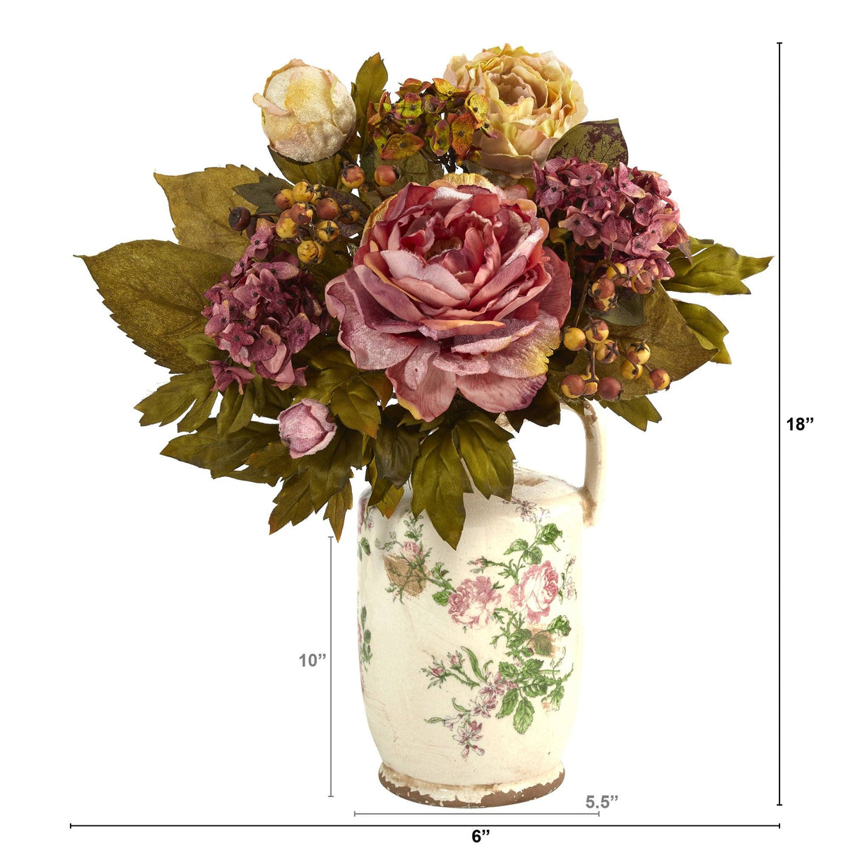 18” Peony Artificial Arrangement in floral pitcher with pink and cream blooms, Nearly Natural on Tampa Home & Garden Store