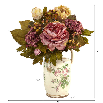 18” Peony Artificial Arrangement in floral pitcher with pink and cream blooms, Nearly Natural on Tampa Home & Garden Store