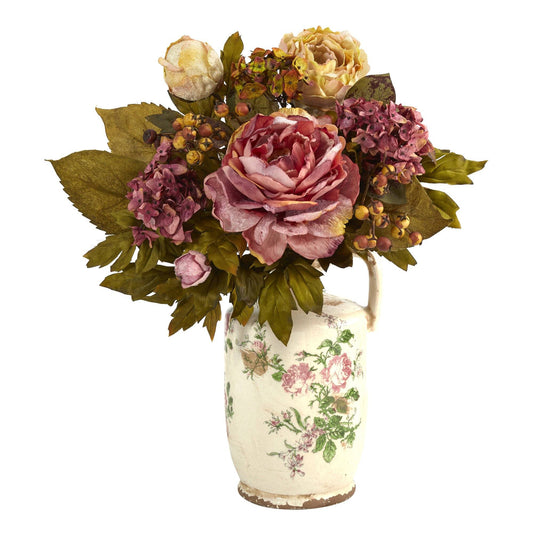18in Peony Artificial Arrangement in Floral Pitcher by Nearly Natural with pink peach blooms on Tampa Home & Garden Store