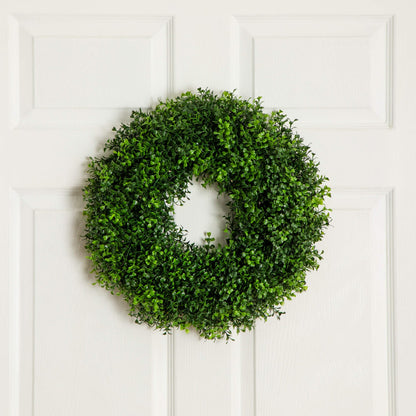 18-inch pre-lit artificial boxwood wreath with warm white LEDs on white door on Tampa Home & Garden Store
