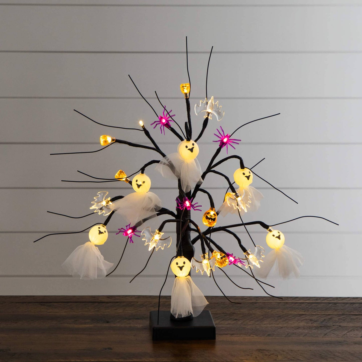 18in pre-lit Halloween ornament tree with ghost faces, pumpkins, bats and spiders on branches on Tampa Home & Garden Store