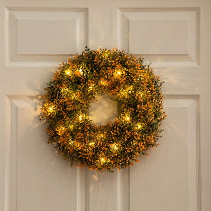 18-inch pre-lit autumn boxwood wreath with 25 warm white LED lights Nearly Natural on Tampa Home & Garden Store