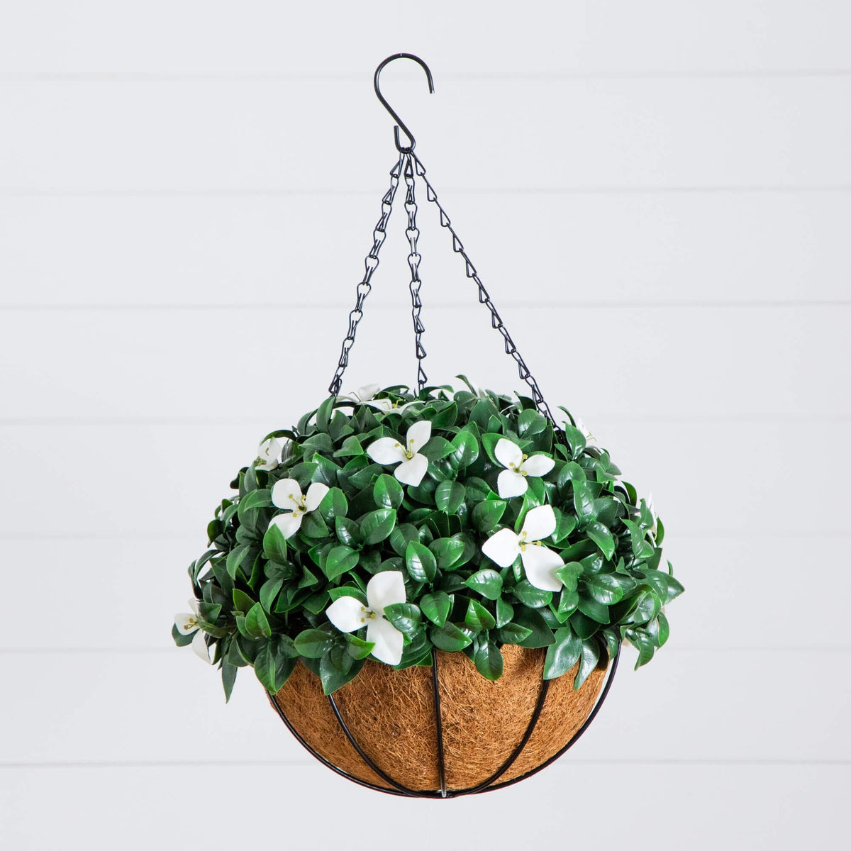 Artificial gardenia hanging basket 18in, UV resistant, Nearly Natural with white blossoms on Tampa Home & Garden Store