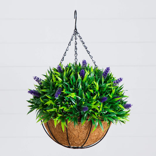 18in UV-resistant artificial lavender hanging basket Nearly Natural for indoor outdoor use on Tampa Home & Garden Store