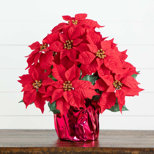 19” Nearly Natural red artificial poinsettia arrangement in a red foil-wrapped planter on Tampa Home & Garden Store